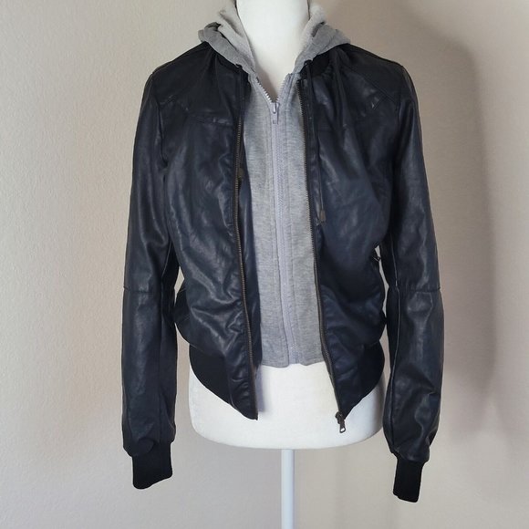 Miss Posh Faux Leather & Terry Black Gray Full Zip Hooded Jacket Size Medium - Picture 5 of 10